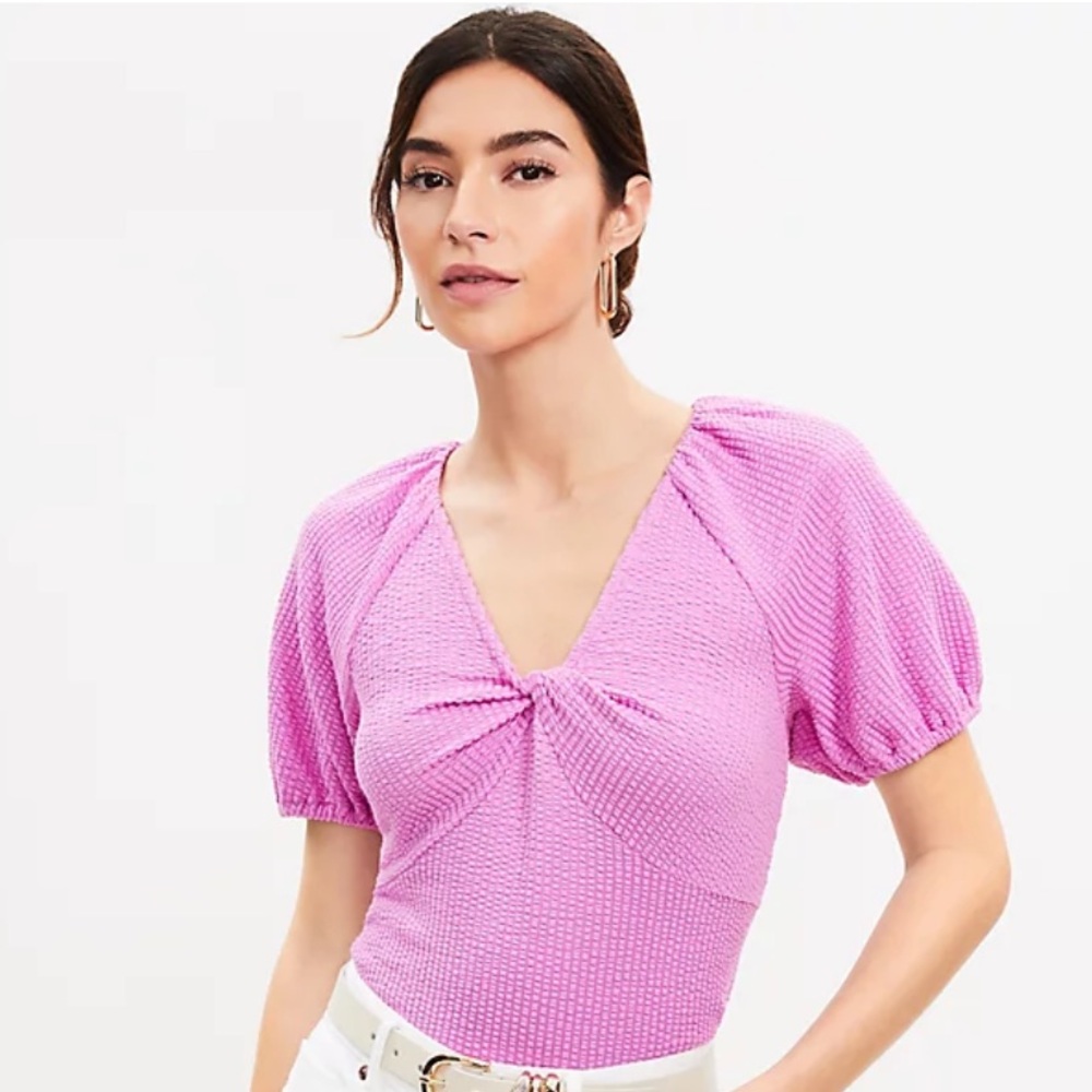 Loft Seersucker Twist Puff Sleeve Top